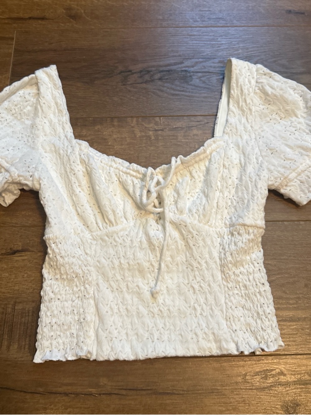 Smocked White Short-Sleeve Tie-Front Women's Top